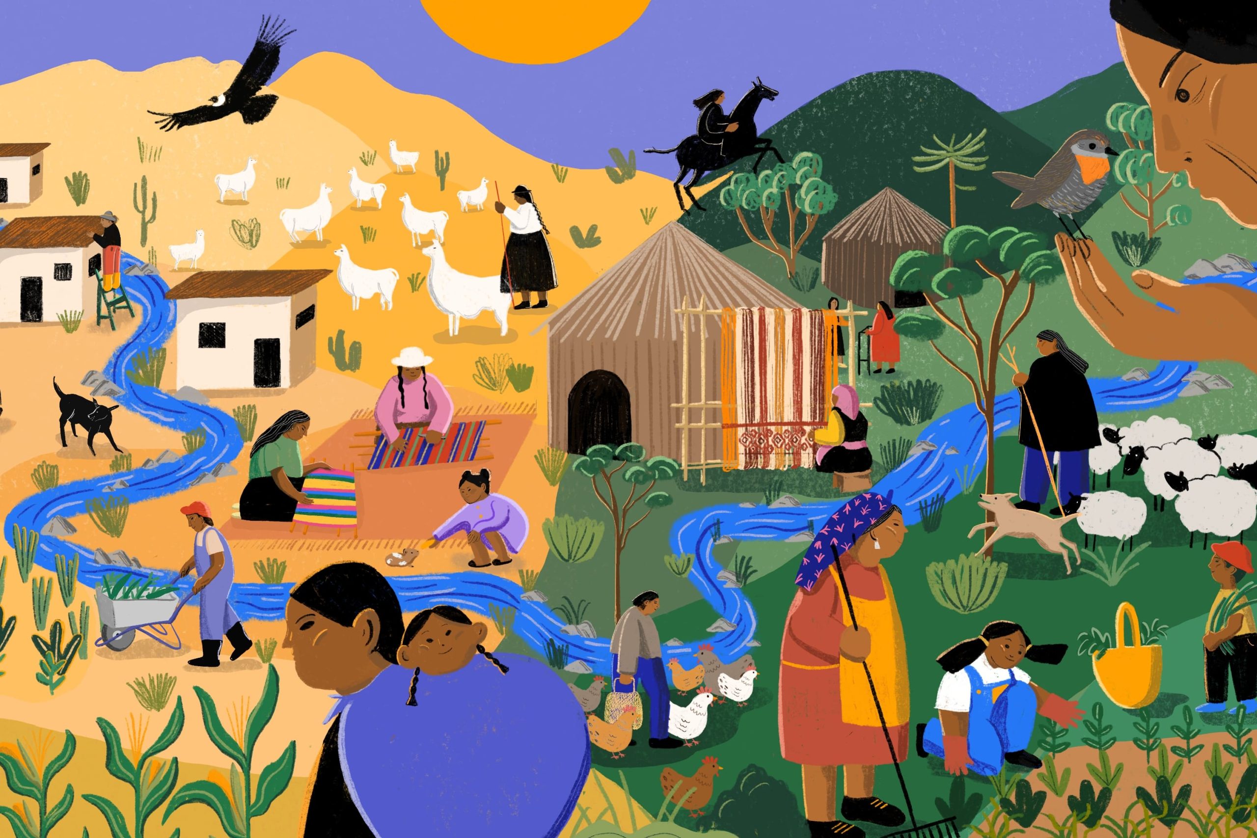 Pueblos originarios de Chile: Vida rural y comunidad intergeneracional. Mujeres mayores tejiendo; pastoreo, agricultura.