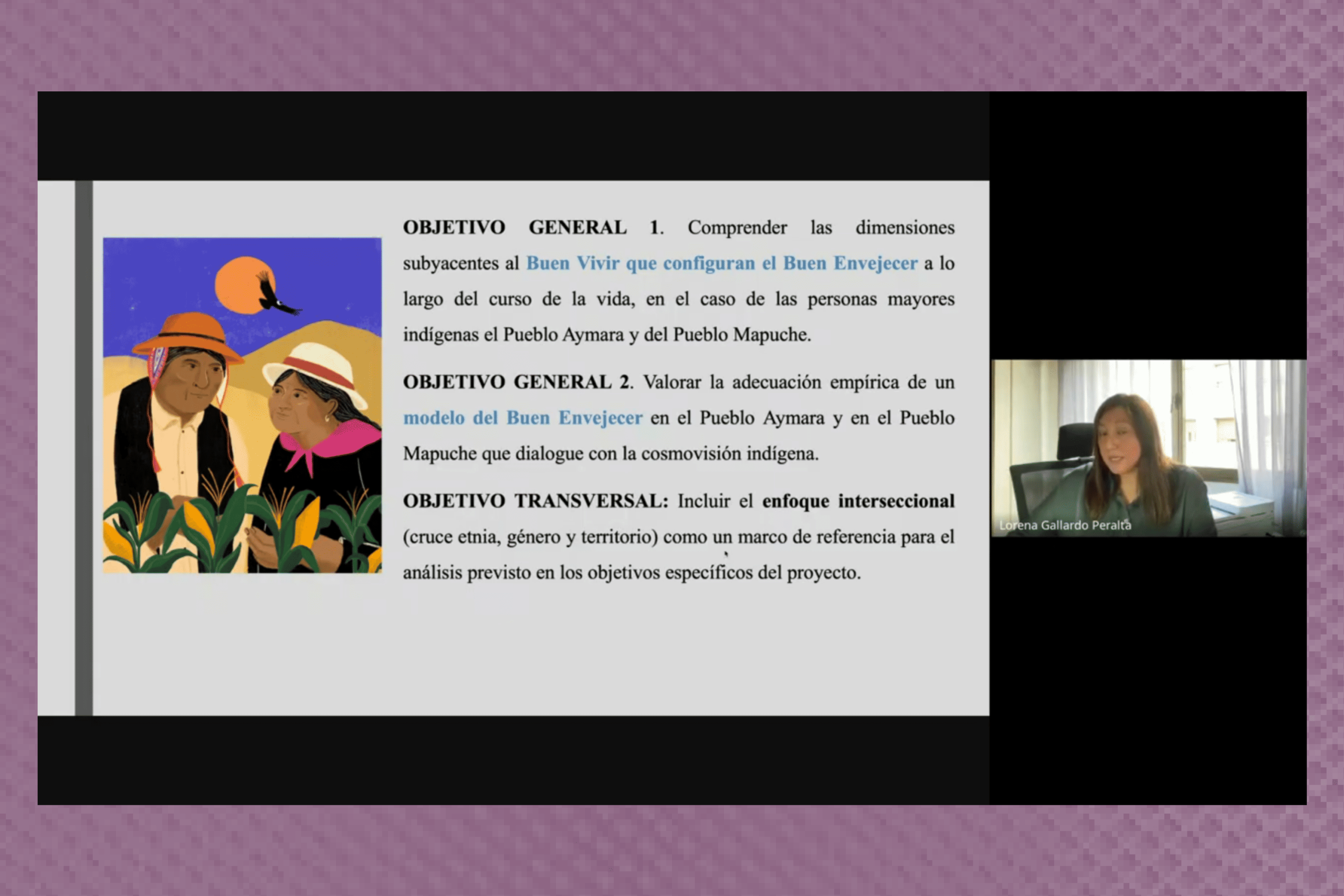 Imagen del conversatorio de lanzamiento del nuevo sitio web de Vejez indígena, donde la investigadora responsable, Lorena Gallardo, está exponiendo.